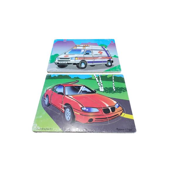 Melissa & Doug Wooden Hand Crafted 3+ Toddler Puzzles Ambulance & Sports Car - Picture 1 of 8